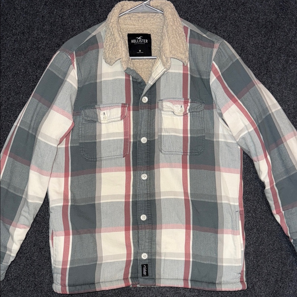 Hollister‎ Gray and Red  Plaid Jacket with Sherpa Collar Medium